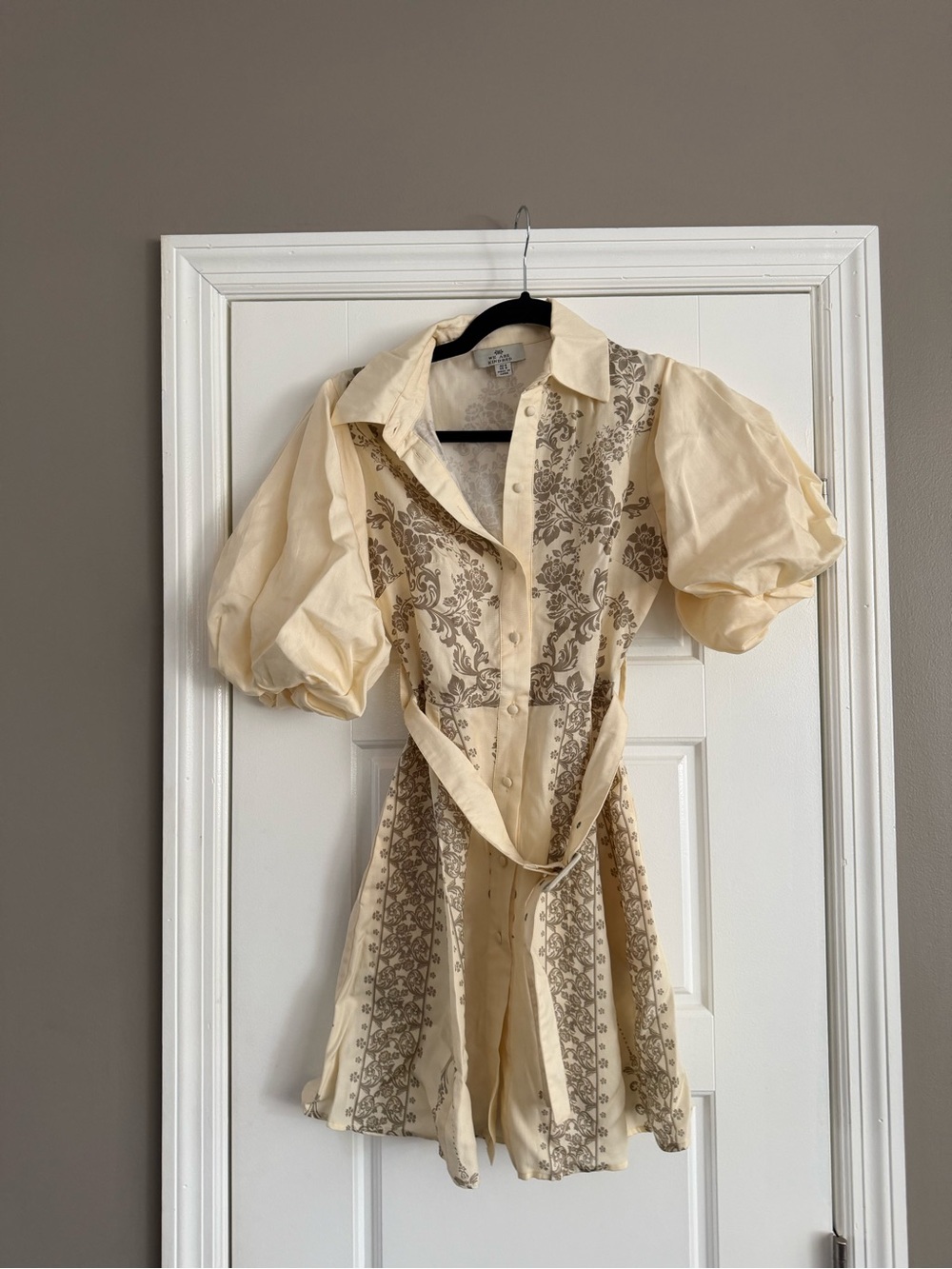 Cream Floral Print Puff-Sleeve Mini Dress with Self-Tie Waist